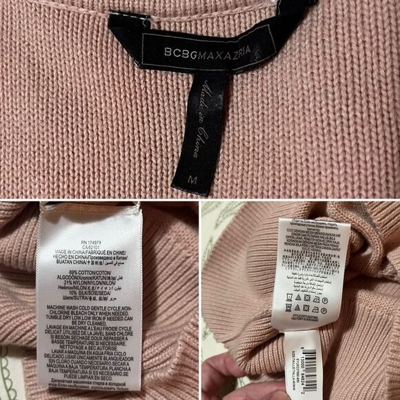 BCBGMaxAzria Bishop Sleeve Cable Knit Textured V-Neck Sweater Open Knit M Blush - Picture 10 of 11